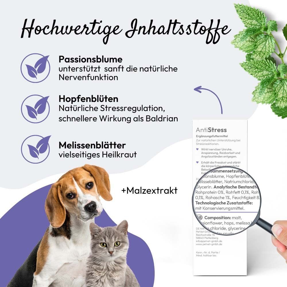 Vergrößerte Produktinformationen von PHA AntiStress. Logo, Produktname, Inhaltsstoffe und Abbildung von Hund und Katze.