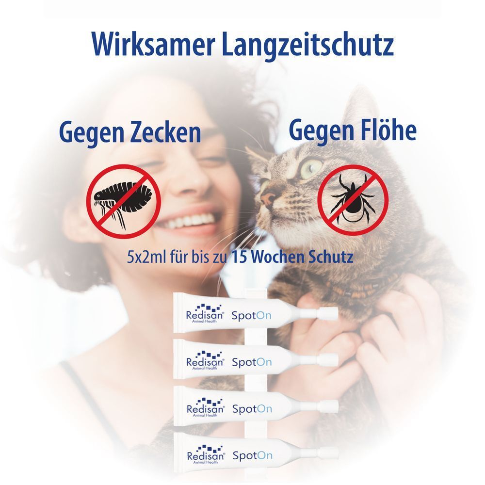 Frau mit Katze. Redisan SpotOn-Ampullen. Text: Gegen Zecken, gegen Flöhe, 5x2ml für bis zu 15 Wochen Schutz.