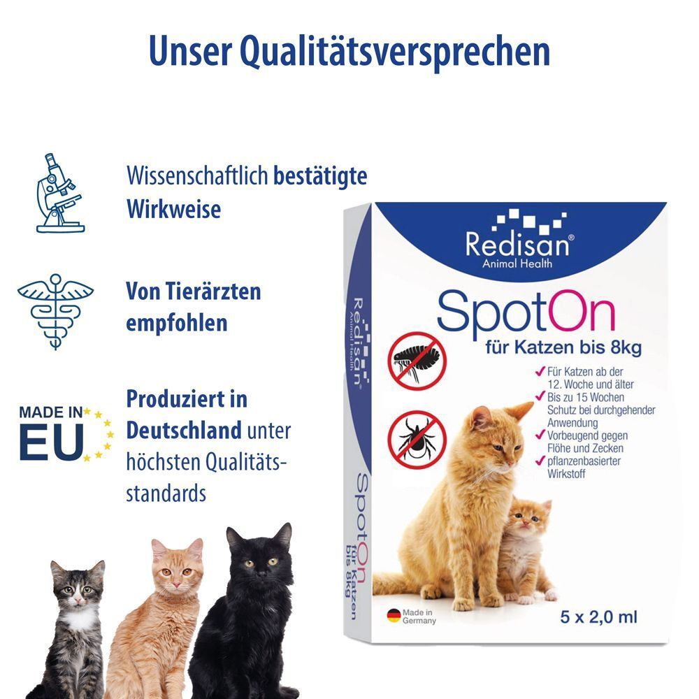 Packung Redisan SpotOn. Text: SpotOn, für Katzen bis 8kg, gegen Flöhe und Zecken. Katzenabbildung. Made in EU.