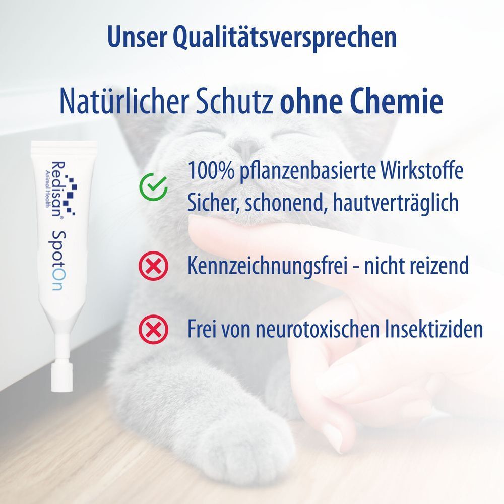 Ampulle Redisan SpotOn. Text: 100% pflanzenbasierte Wirkstoffe, sicher, schonend, hautverträglich. Keine Kennzeichnungspflicht, frei von Insektiziden.