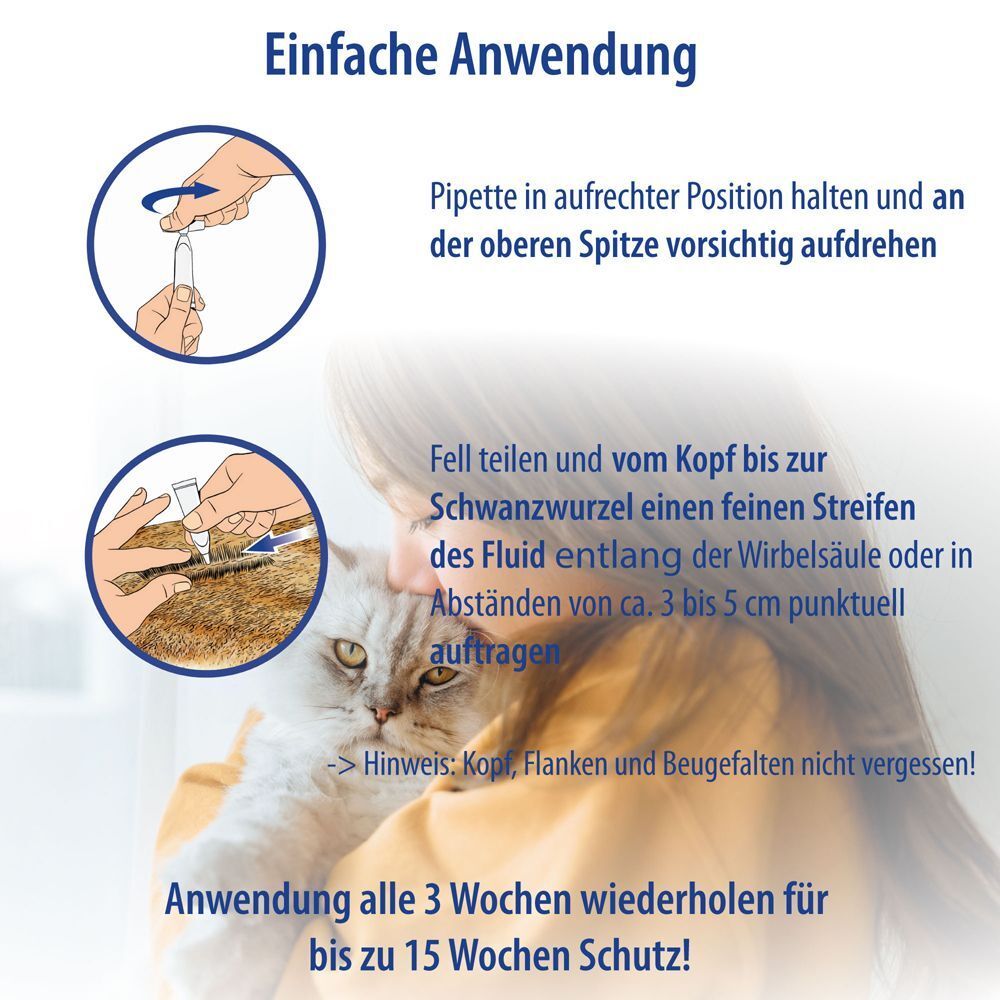 Anwendung von Redisan SpotOn. Pipette aufdrehen, Fell teilen, Flüssigkeit auftragen. Anwendung alle 3 Wochen für bis zu 15 Wochen Schutz.