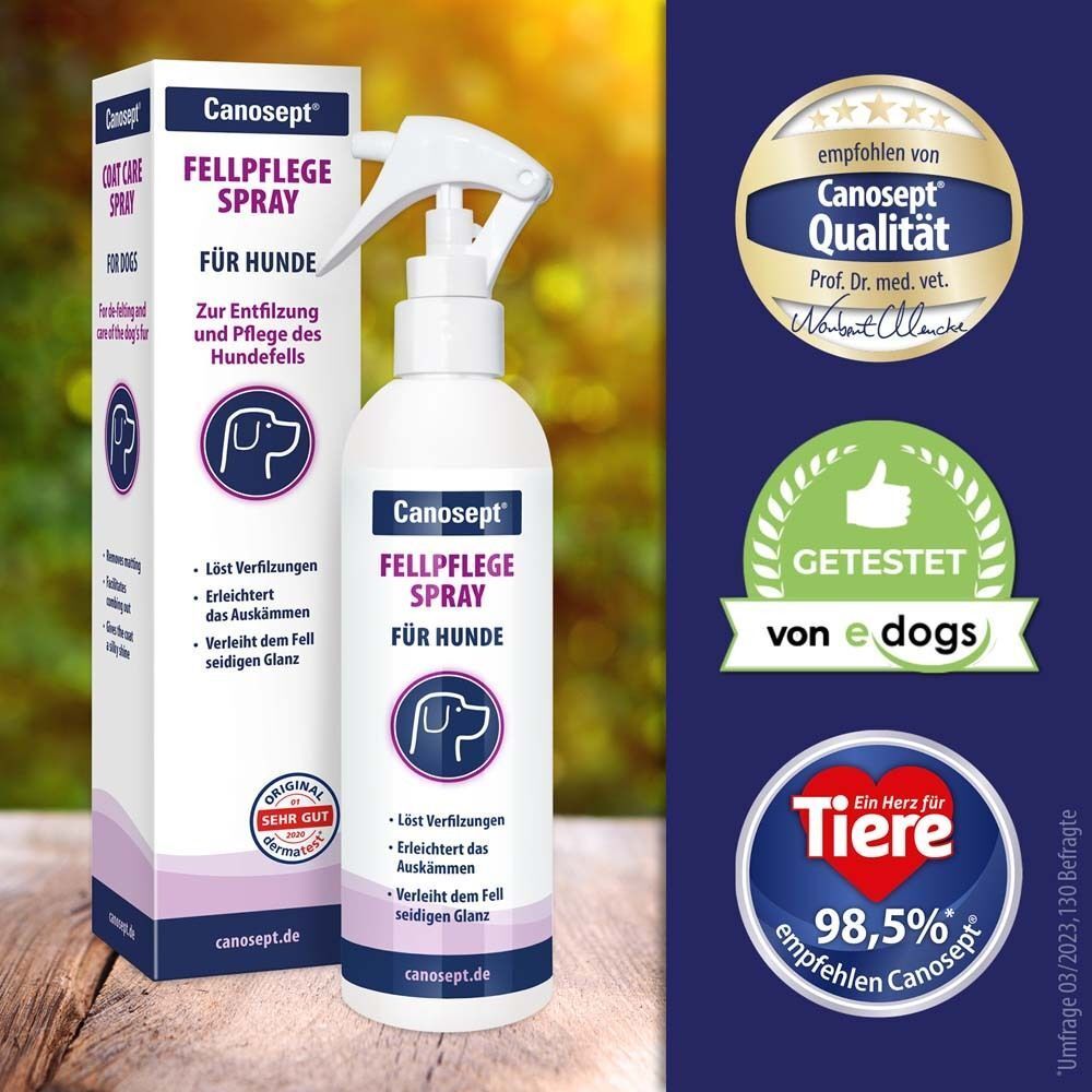 Canosept Fellpflegespray mit Verpackung und Qualitätszeichen. Produktflasche mit Sprühkopf. Verpackung mit Logo und Produktnamen.