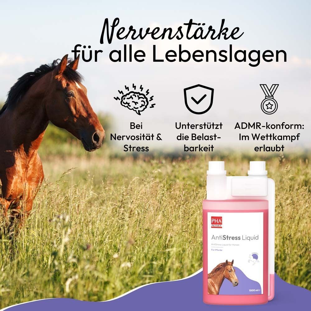 Flasche mit rosa Flüssigkeit im Feld. Aufschrift: AntiStress Liquid. Pferd im Hintergrund. Text über Nervosität.