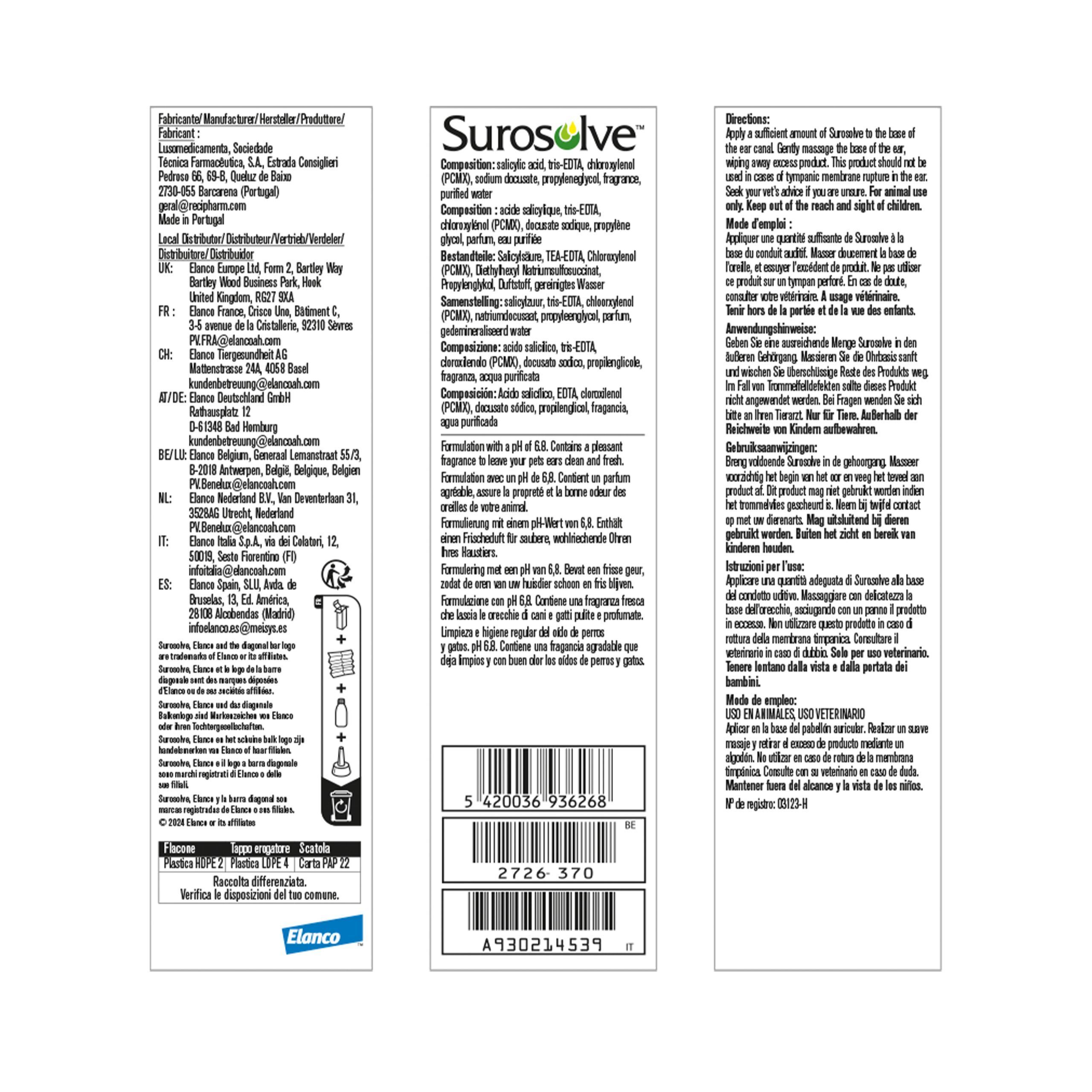Rückseite der Verpackung mit Text in mehreren Sprachen. Enthält Informationen zu Inhaltsstoffen und Hersteller.