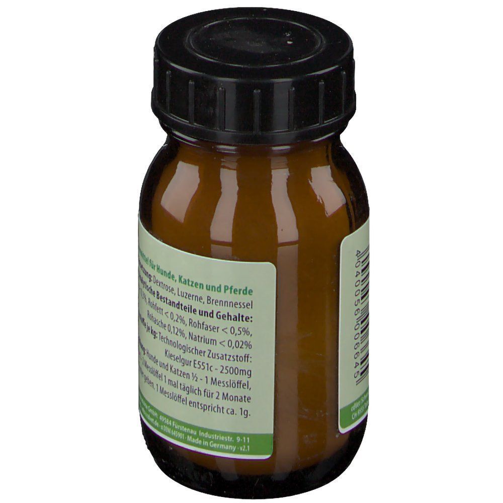 Braune Glasflasche mit schwarzem Deckel. Etikett mit Produktinformationen und Text.