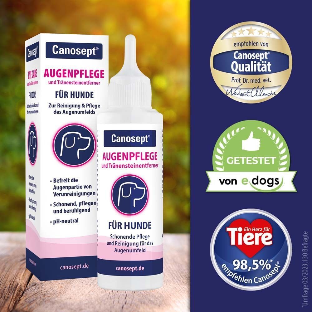 Produktflasche und Verpackung. Aufschrift: Canosept Augenpflege für Hunde. Logos: e dogs, Herz für Tiere, Canosept Qualität.