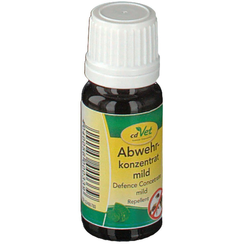 Flasche ABWEHRKONZENTRAT mild vet. mit weißem Schraubverschluss. Gelb-grünes Etikett mit Produktnamen und Logo.