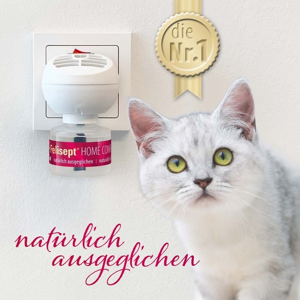 Weißer Diffusor in Steckdose. Flakon eingesetzt. Text: Felisept Home Comfort, natürlich ausgeglichen. Goldene Auszeichnung: die Nr.1.