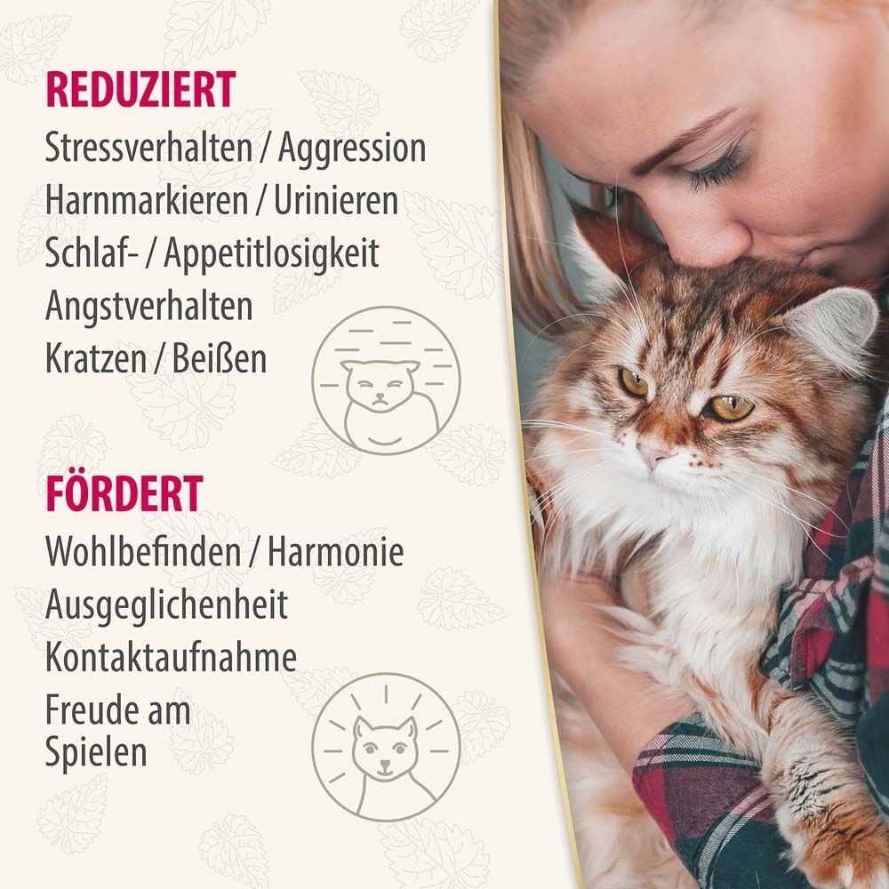 Frau umarmt Katze. Text: Reduziert Stressverhalten, Aggression, etc. Fördert Wohlbefinden, Harmonie, etc. Illustrationen von Katze.