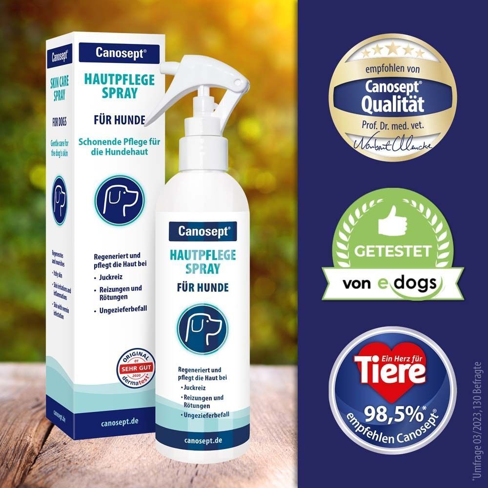 Canosept Hautpflegespray für Hunde mit Verpackung und Zertifikaten.