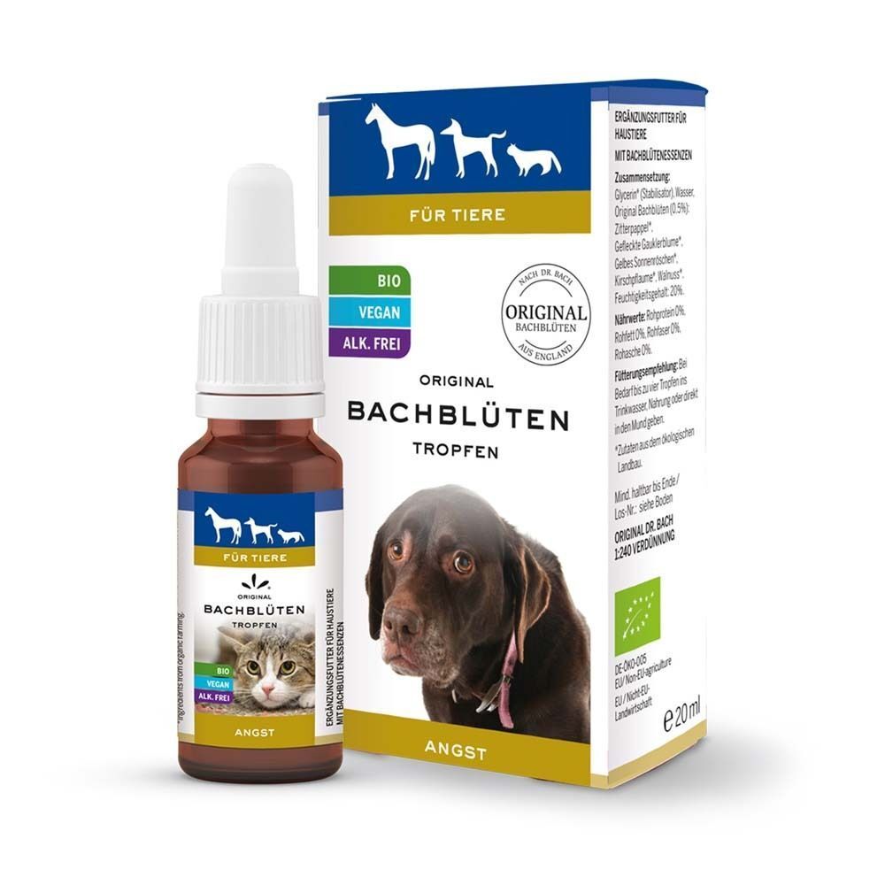 Braune Tropfenflasche mit weißem Verschluss und Karton. Aufschrift: BACHBLÜTEN, Angst. Abbildung: Hund. Verpackung mit Text.