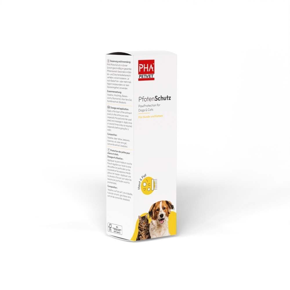 Weiße Verpackung von PHA PfotenSchutz Paste. Logo, Produktname, Text, Hund/Katze-Illustration. Seitenansicht.