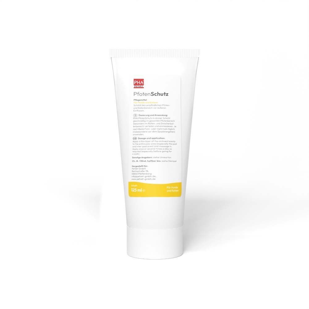 Weiße Tube PHA PfotenSchutz Paste. Produktname, Text, 125 ml. Aufschrift: Für Hunde & Katzen.