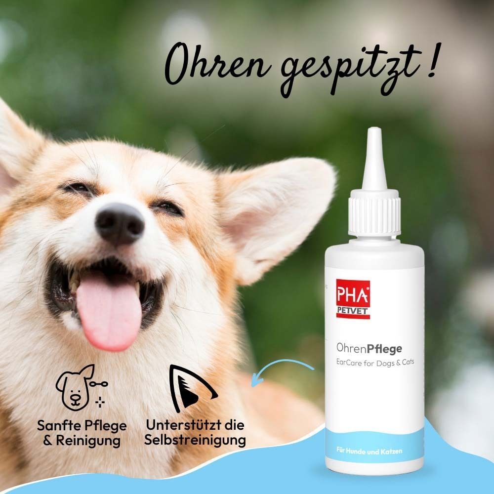 Hund mit Produktflasche. Text: Sanfte Pflege & Reinigung, Unterstützt die Selbstreinigung. Produktname und Logo.