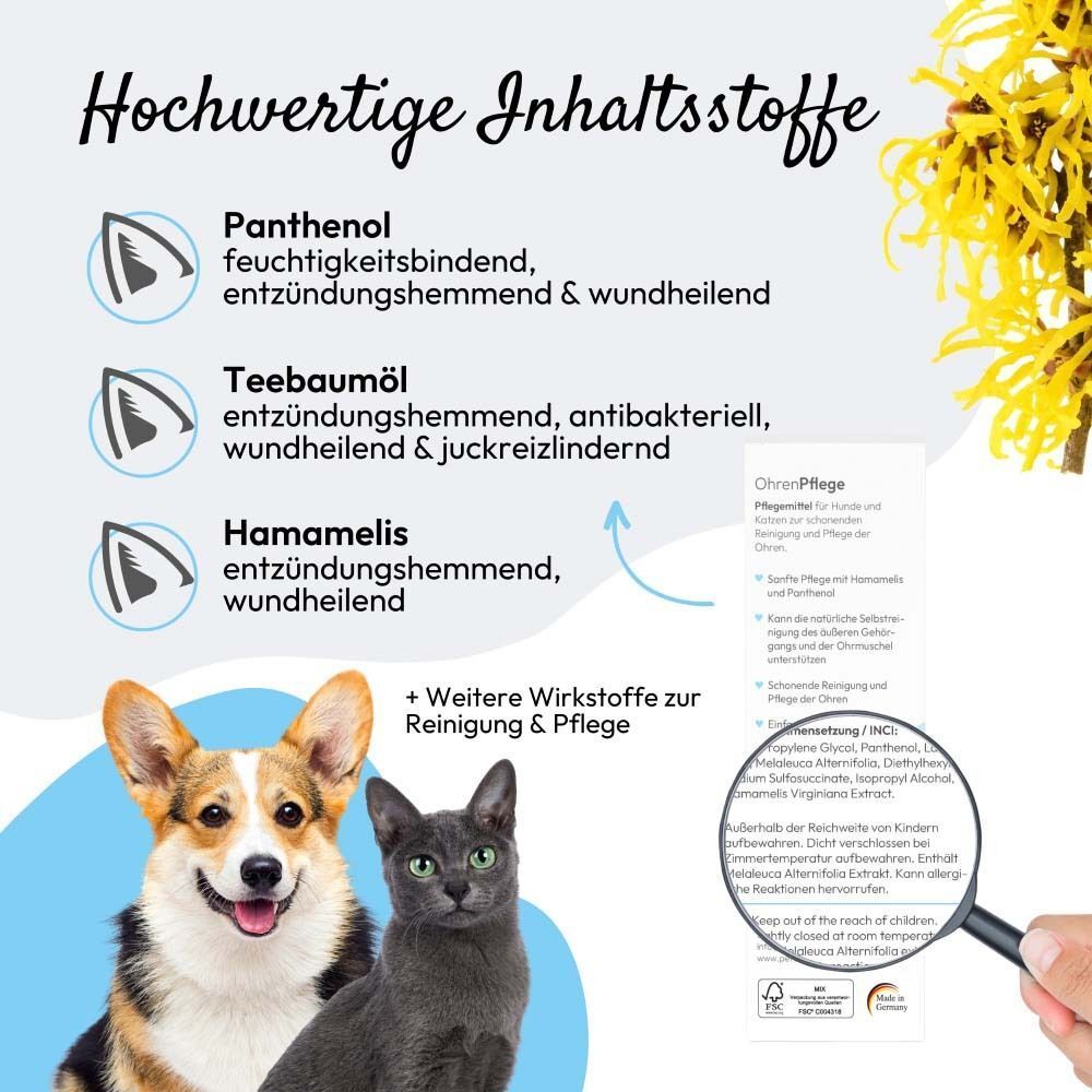 Infografik mit Inhaltsstoffen. Panthenol, Teebaumöl, Hamamelis. Produktname und Logo. Lupe zeigt Text.