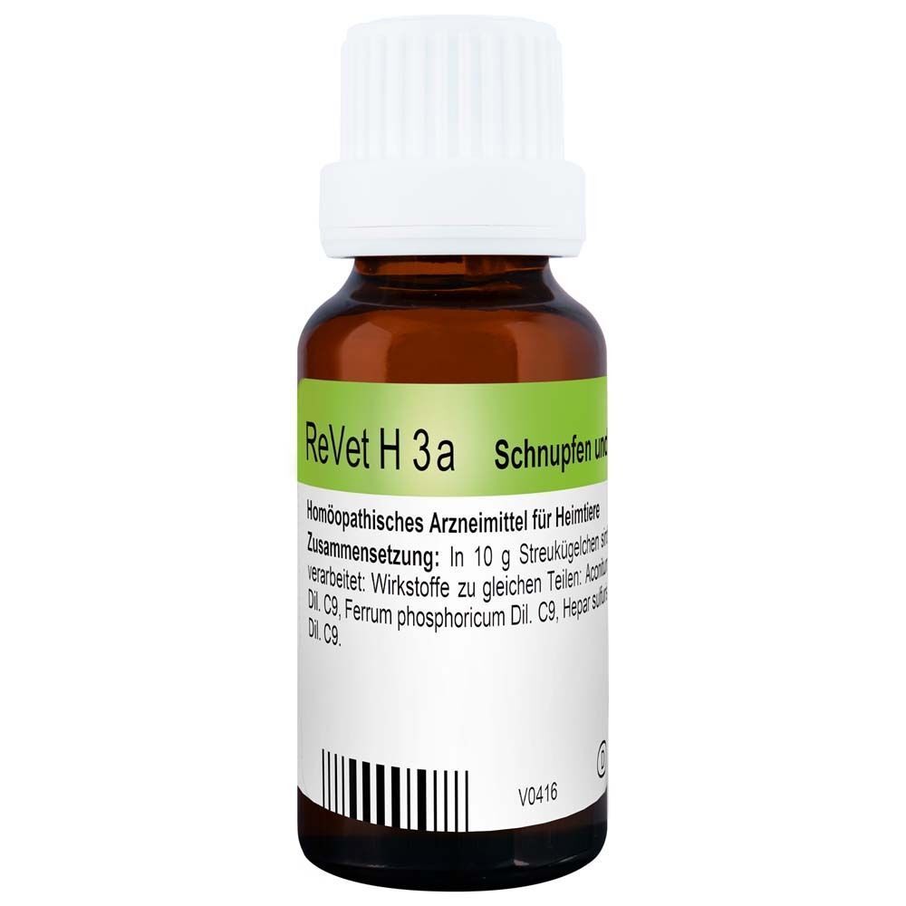 Braune Glasflasche mit weißem Schraubverschluss, ReVet H 3a Globuli, homöopathisches Arzneimittel für Heimtiere.
