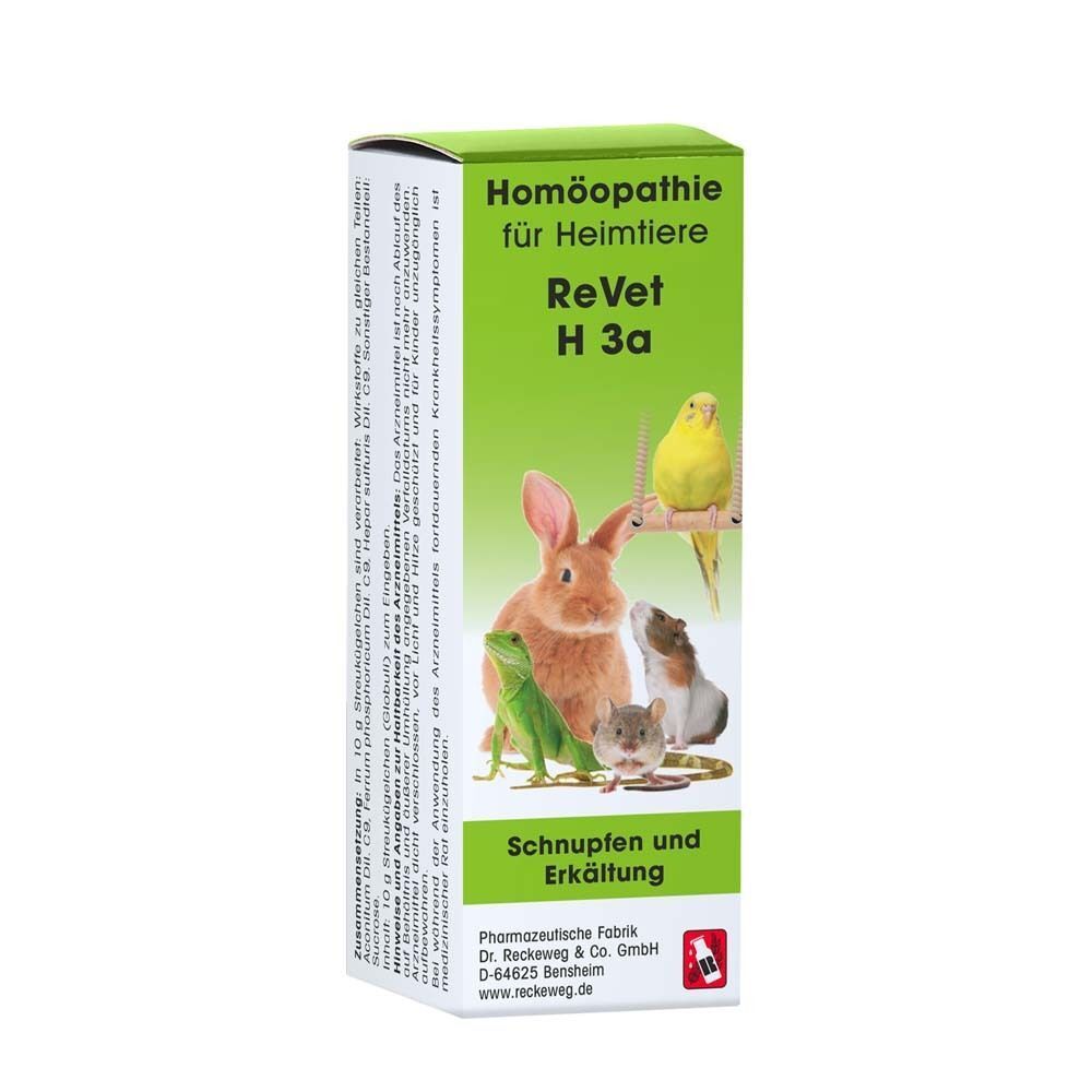 Verpackung ReVet H 3a Globuli für Heimtiere mit Abbildungen von Kaninchen, Meerschweinchen, Hamster, Gecko und Wellensittich.