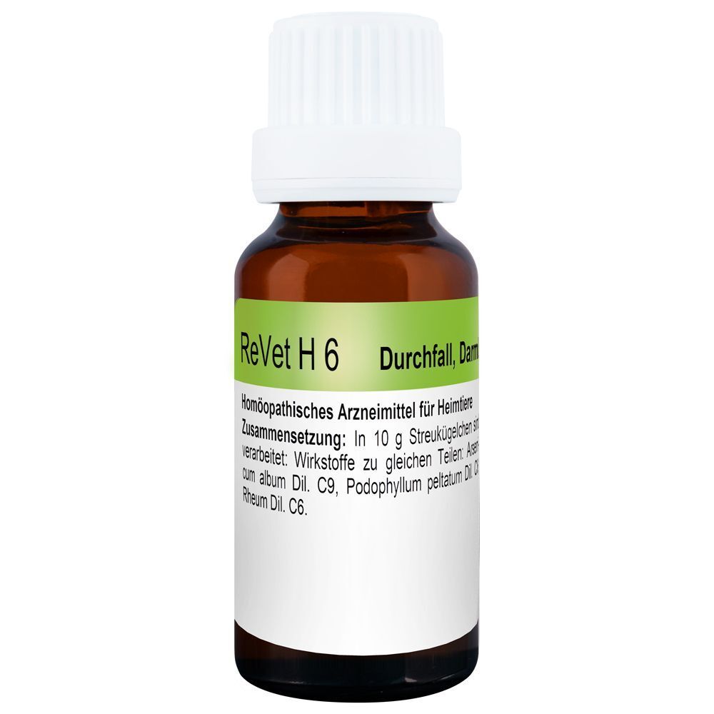 Braune Glasflasche mit weißem Tropferverschluss. Etikett mit "ReVet H 6 Durchfall, Darm" und homöopathischen Angaben.
