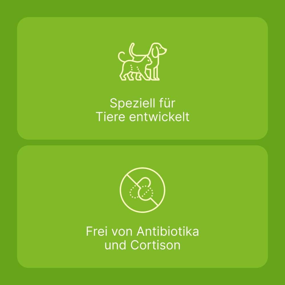 Zwei grüne Felder mit weißem Text und Symbolen. Oben: 'Speziel für Tiere entwickelt'. Unten: 'Frei von Antibiotika und Cortison'.