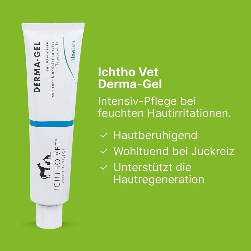Eine Tube ICHTHO VET® DERMA-GEL. Text: 'Intensiv-Pflege bei feuchten Hautreizungen'. Aufzählung: hautberuhigend, wohltuend bei Juckreiz, unterstützt die Hautregeneration.