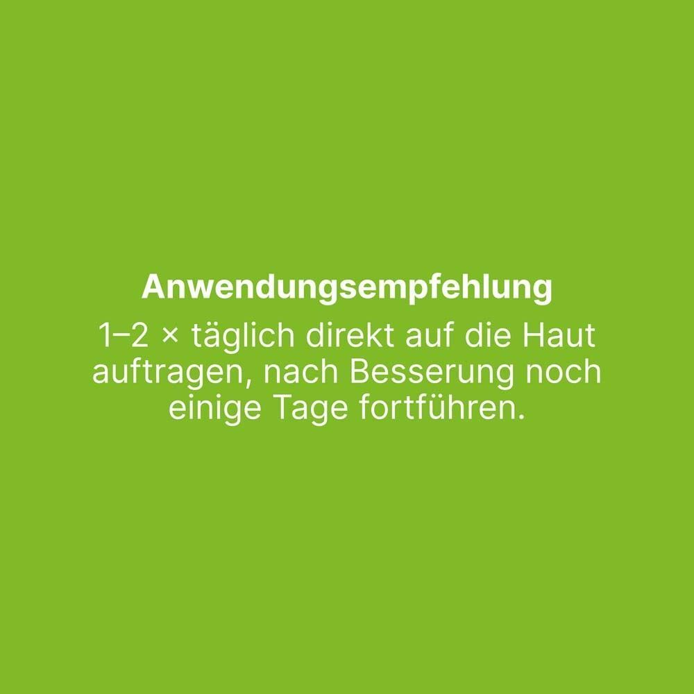 Text auf grünem Hintergrund: 'Anwendungsempfehlung: 1-2 x täglich direkt auf die Haut auftragen, nach Besserung noch einige Tage fortführen'.