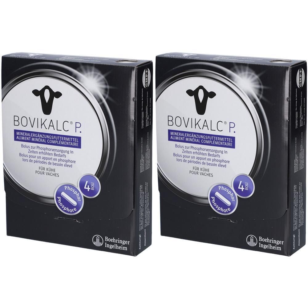 Zwei Kartons BOVIKALC P. mit Produktinformationen. Aufdruck: Mineralergänzungsmittel, Bolus zur Phosphorversorgung. Mit Logo und 4 Bolus.