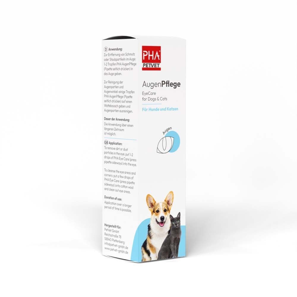 Produktverpackung mit Text: AugenPflege, EyeCare for Dogs & Cats. Abbildung von Hund und Katze. Text auf der Seite.