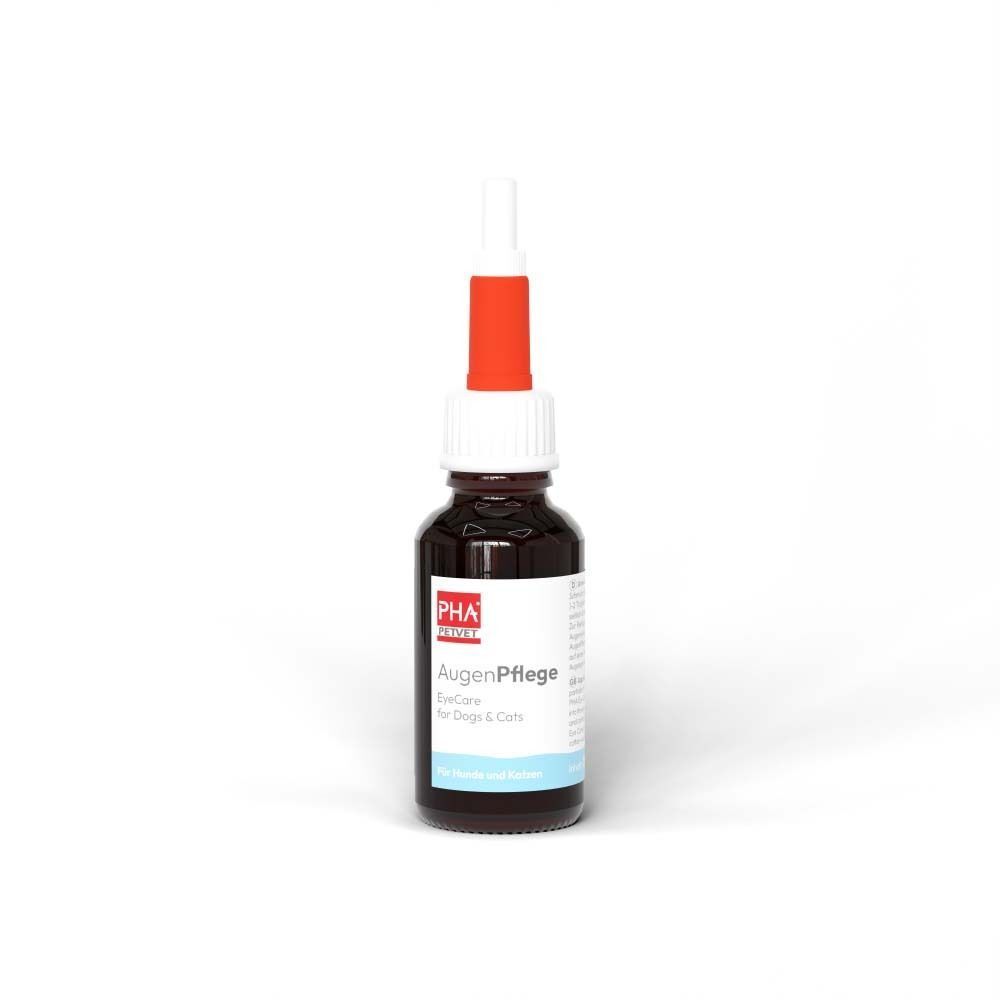 Braune Flasche mit roter Spitze. Aufdruck: PHA, AugenPflege, EyeCare for Dogs & Cats. Blaue Flüssigkeit sichtbar.