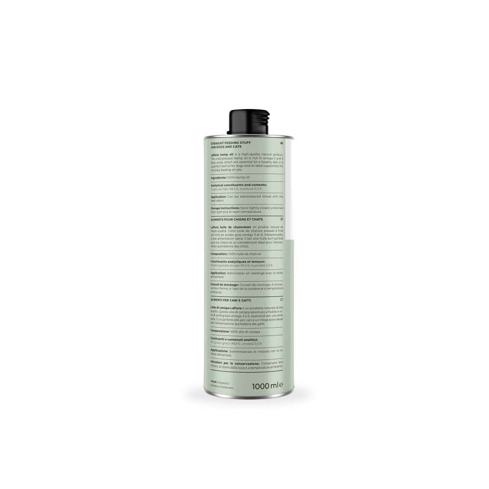 Rückseite einer Flasche Hanföl. Text in mehreren Sprachen. Aufschrift: 1000 ml.