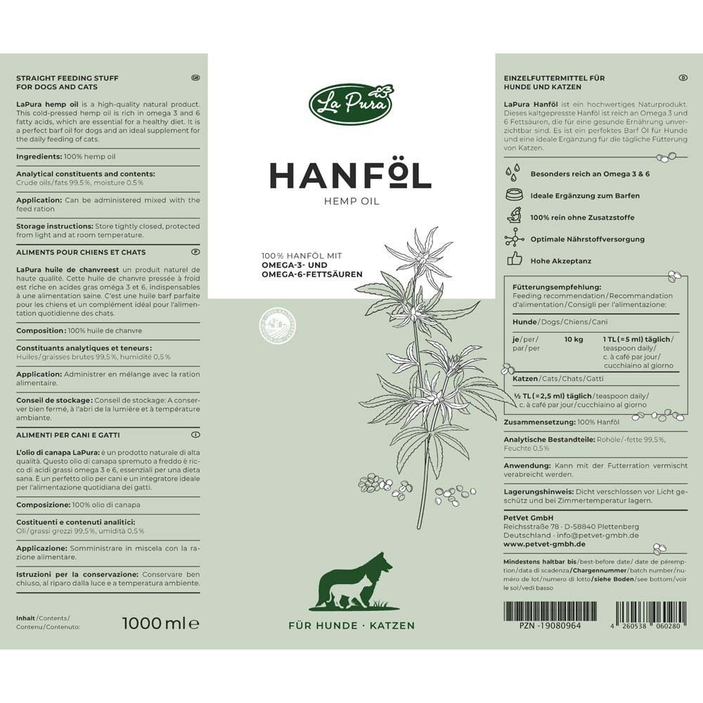 Etikett einer Hanfölflasche. Text in mehreren Sprachen. Aufschrift: Hanföl, für Hunde und Katzen. Logo: La Pura. 1000 ml.