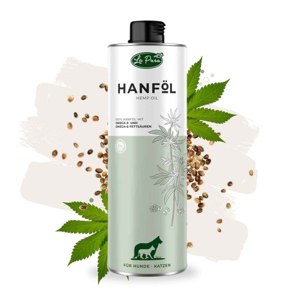 Hanfölflasche mit Hanfsamen und Blättern. Aufschrift: Hanföl, für Hunde und Katzen. Logo: La Pura.