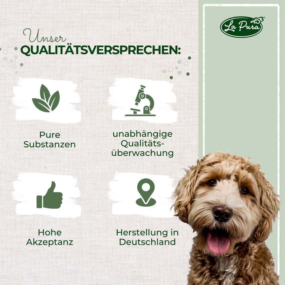 Grafik mit Icons und Text. Logo: La Pura. Unser Qualitätsversprechen: Pure Substanzen, hohe Akzeptanz, etc.