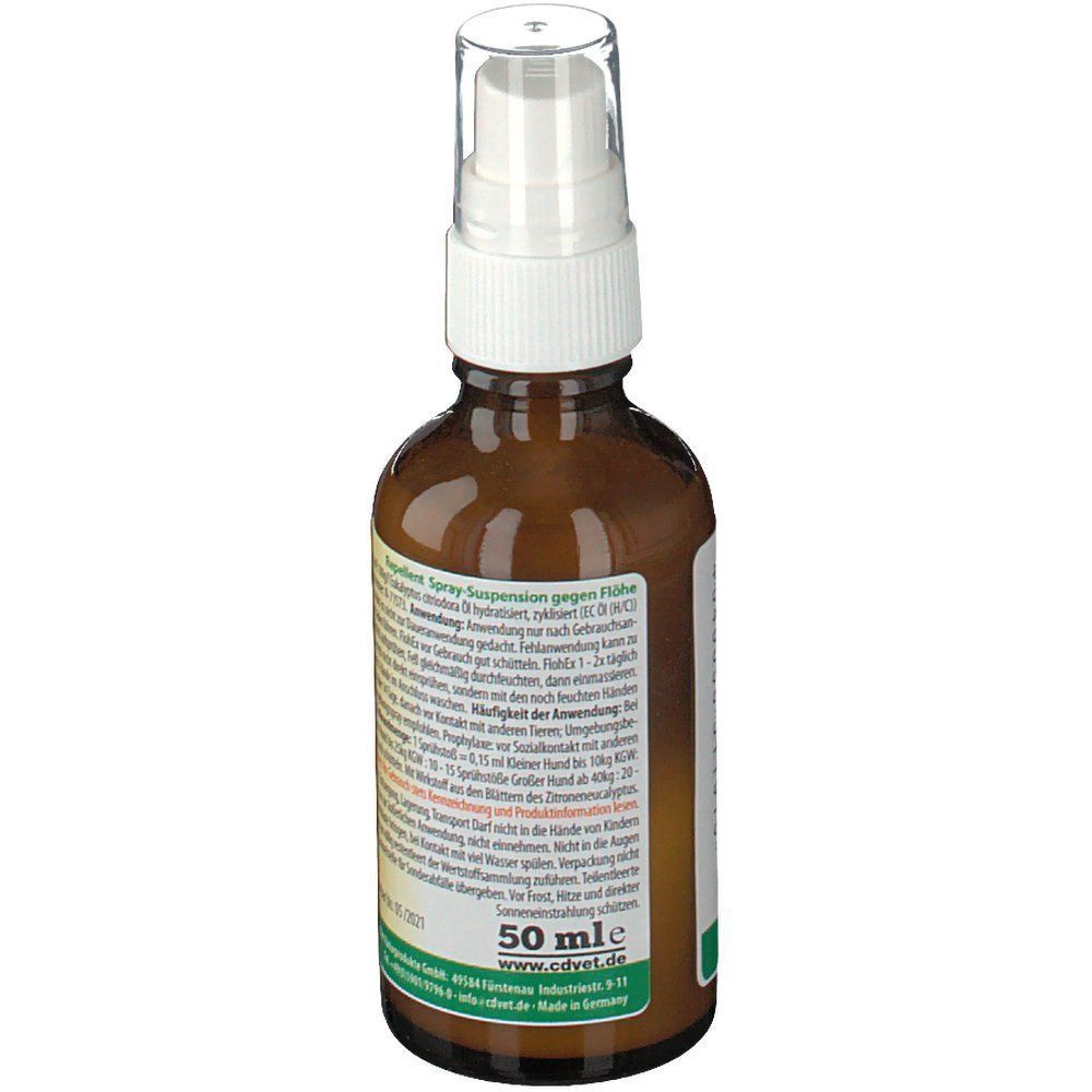 cd Vet FlohEx Flasche. Braune Glasflasche mit Sprühkopf. Etikett mit Text und 50 ml Angabe. Logo und Produktname.