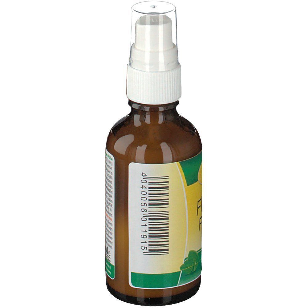 cd Vet FlohEx Flasche. Braune Glasflasche mit Sprühkopf. Barcode und Etikett mit Text. Gelbes Etikett mit Logo und Produktname.