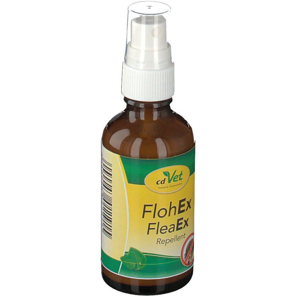 cd Vet FlohEx Flasche. Braune Glasflasche mit Sprühkopf. Gelbes Etikett mit Logo und Produktnamen. Repellent.