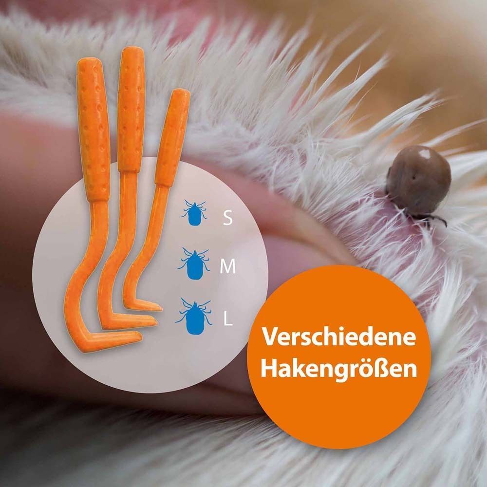 Drei orangefarbene Zeckenhaken neben einer Zecke. Text: Verschiedene Hakengrößen. Größen S, M, L.