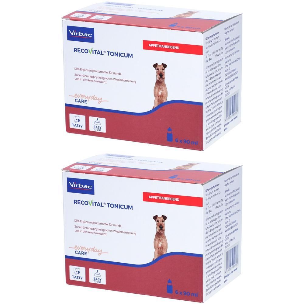 Zwei Kartons mit Produktaufdrucken. Aufschrift: RECOVITAL TONICUM, Virbac. Abbildung eines Hundes. Rote und weiße Verpackung.