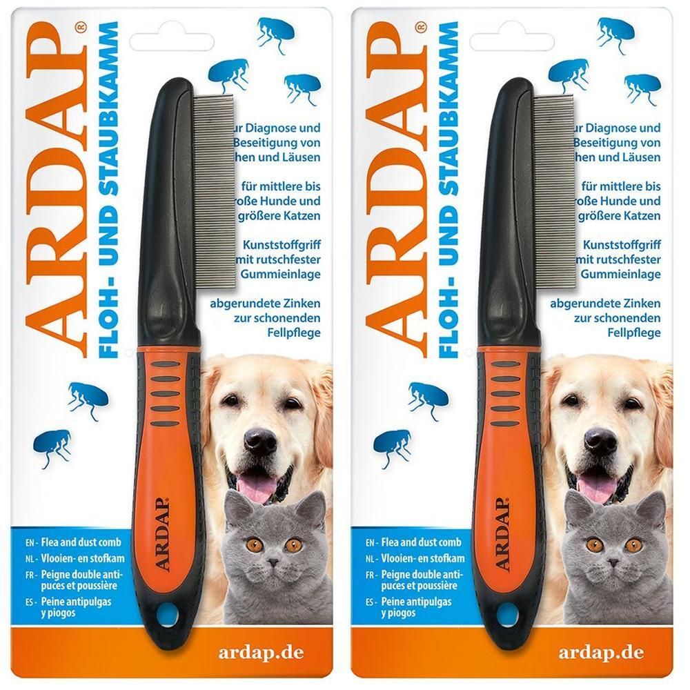 Zwei Packungen ARDAP Floh- und Staubkamm. Schwarzer Kamm mit orangefarbenem Griff. Text: Für mittlere bis große Hunde und Katzen.