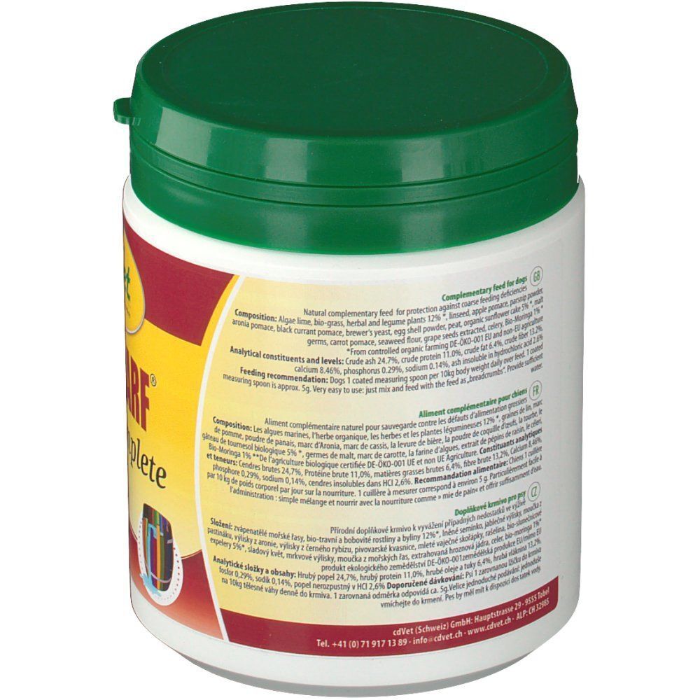 Rückansicht einer Dose FIT-BARF Safe complete. Weißer Behälter mit grünem Deckel. Etikett mit Text in mehreren Sprachen.