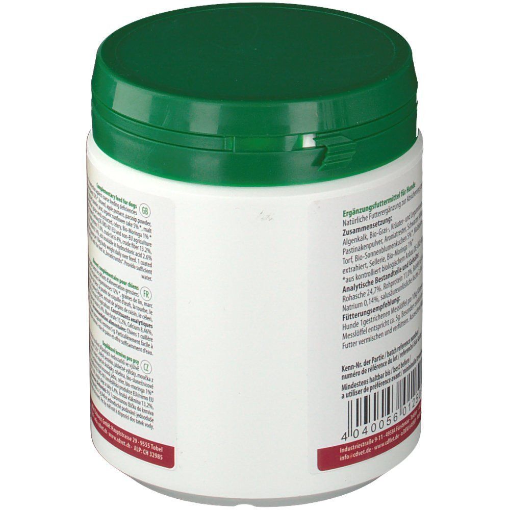 Rückansicht einer Dose FIT-BARF Safe complete. Weißer Behälter mit grünem Deckel. Etikett mit Text und Barcode.