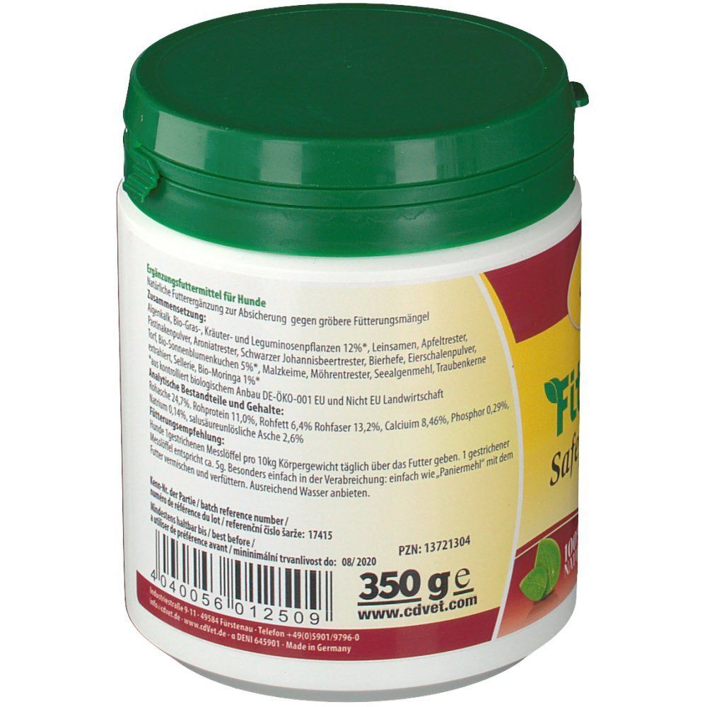 Dose FIT-BARF Safe complete. Weißer Behälter mit grünem Deckel. Etikett mit Text, Barcode und Gewichtsangabe 350g.
