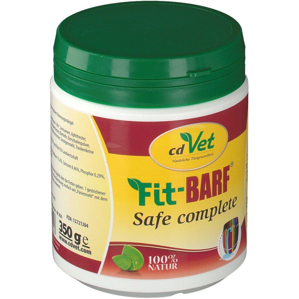 Dose FIT-BARF Safe complete. Weißer Behälter mit grünem Deckel. Gelbes Etikett mit Schriftzug, Logo und Gewichtsangabe 350g.
