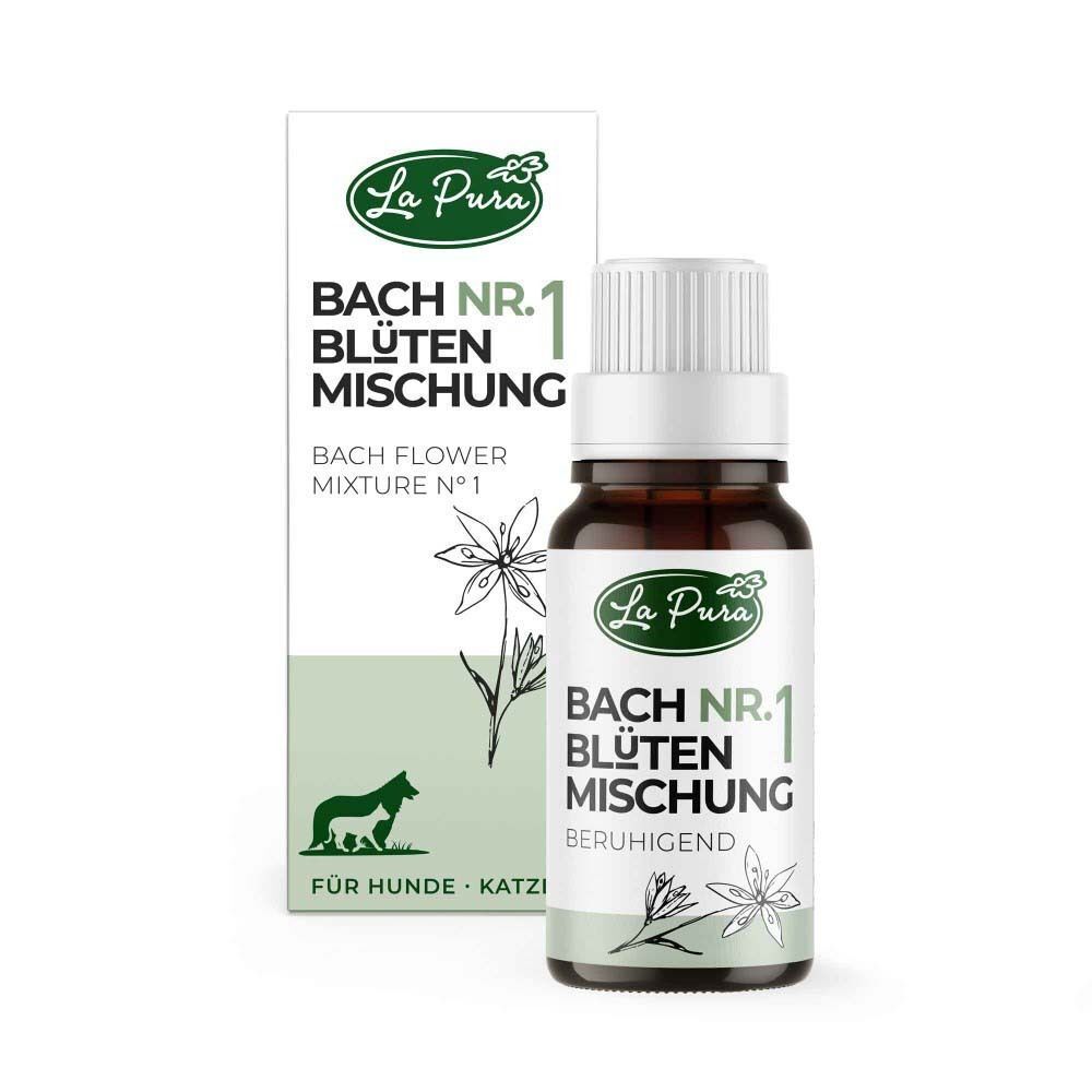 Produktflasche und Verpackung. Aufdruck: La Pura, Bachblütenmischung Nr. 1, beruhigend, für Hunde und Katzen.