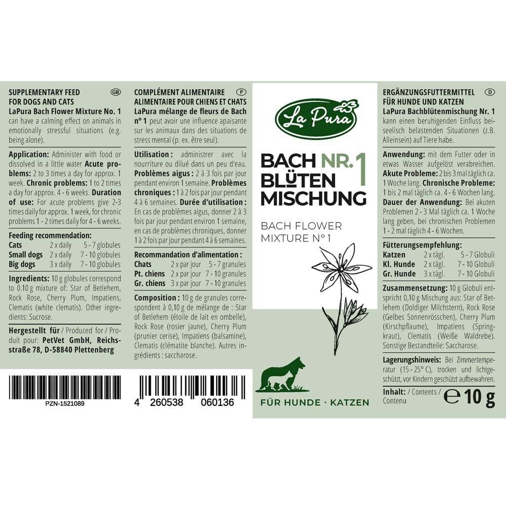 Produktinformationen auf weißem Hintergrund. Aufdruck: La Pura, Bachblütenmischung Nr. 1, für Hunde und Katzen, 10 g.