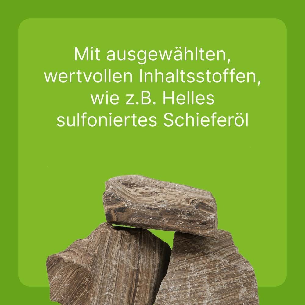 Drei Steine. Text: Mit ausgewählten, wertvollen Inhaltsstoffen, wie z.B. Helles sulfoniertes Schieferöl.