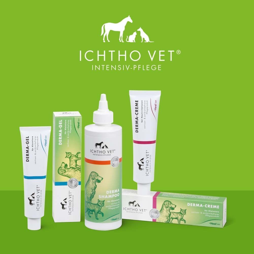 Verschiedene ICHTHO VET Produkte. Derma-Gel, Derma-Creme, Derma-Shampoo. Verpackungen mit Logo und Produktnamen.