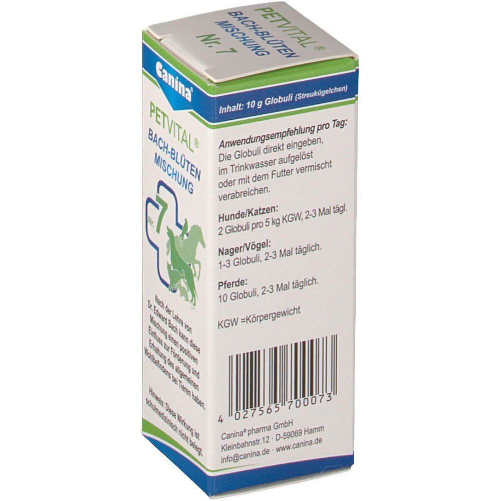 Seitenansicht einer PETVITAL Bachblüten Nr. 7 Schachtel. Text mit Anwendungsempfehlung und Inhaltsangaben. Barcode unten.