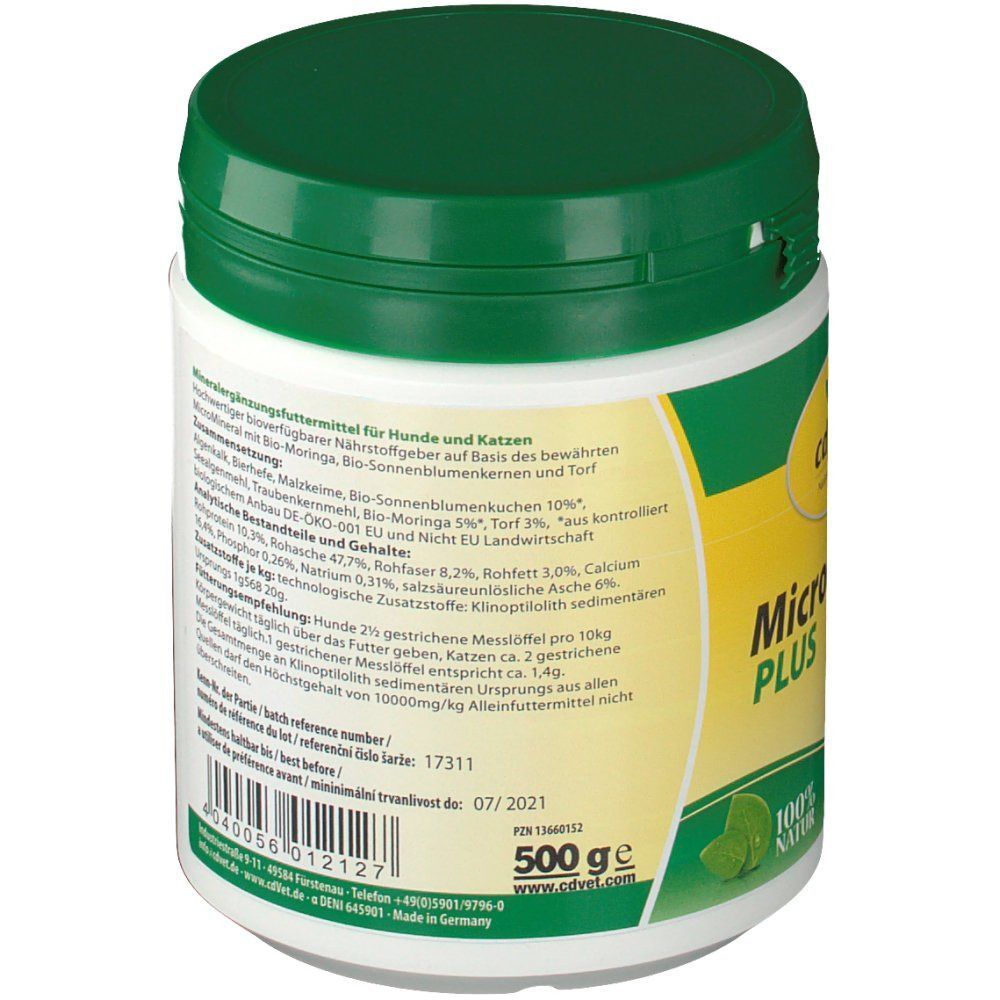 Weiße Dose mit grünem Deckel. Aufschrift "MicroMineral PLUS" und Text. Angabe "500 g".