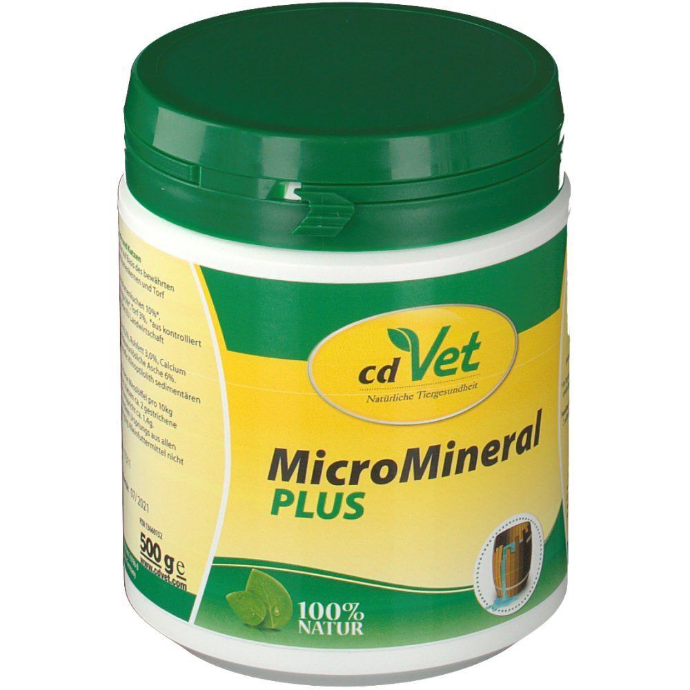 Weiße Dose mit grünem Deckel. Aufschrift "MicroMineral PLUS", "cdVet" und "100% Natur".