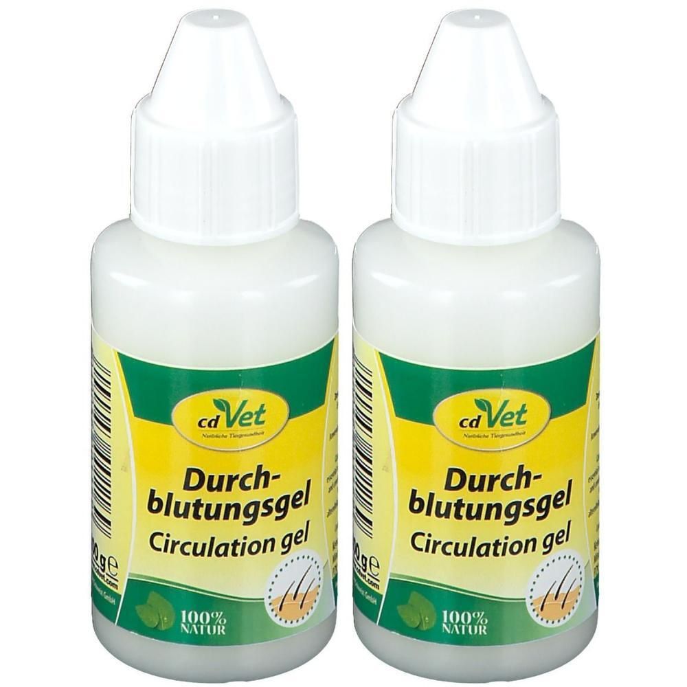 Zwei weiße Flaschen mit gelb-grünen Etiketten. Aufschrift: Durchblutungsgel, Circulation gel. Marke: cdVet. Mit weißem Schraubverschluss.